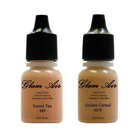 Airbrush Makeup Foundation Matte M9 Sunset Tan and M10 Golden Carmel Water-based Makeup Lasting All Day 0.25 Oz Bottle By Glam Air