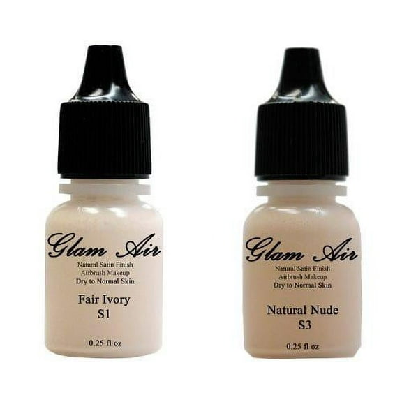 Airbrush Makeup Foundation Satin S1 Fair Ivory and S3 Natural Nude Water-based Makeup Lasting All Day 0.25 Oz Bottle By Glam Air