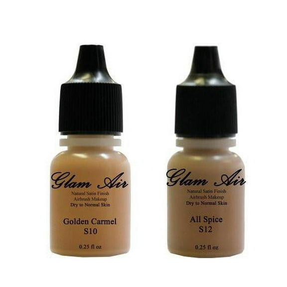 Airbrush Makeup Foundation Satin S10 Golden Carmel and S12 All Spice Water-based Makeup Lasting All Day 0.25 Oz Bottle By Glam Air