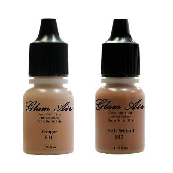 Airbrush Makeup Foundation Satin S11 Ginger and S13 Soft Walnut Water-based Makeup Lasting All Day 0.25 Oz Bottle By Glam Air