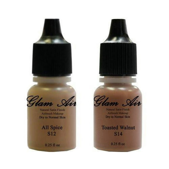 Airbrush Makeup Foundation Satin S12 All Spice and S14 Toasted Walnut Water-based Makeup Lasting All Day 0.25 Oz Bottle By Glam Air