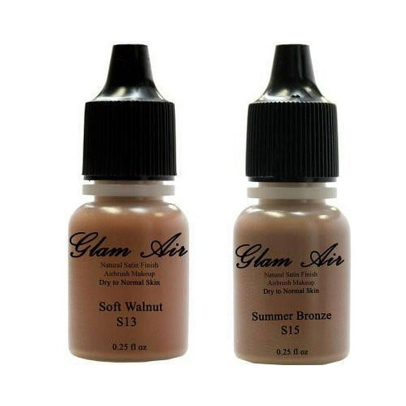 Airbrush Makeup Foundation Satin S13 Soft Walnut and S15 Summer Bronze Water-based Makeup Lasting All Day 0.25 Oz Bottle By Glam Air
