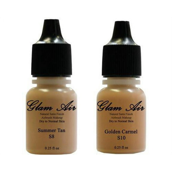 Airbrush Makeup Foundation Satin S8 Summer Tan and S10 Golden Carmel Water-based Makeup Lasting All Day 0.25 Oz Bottle By Glam Air
