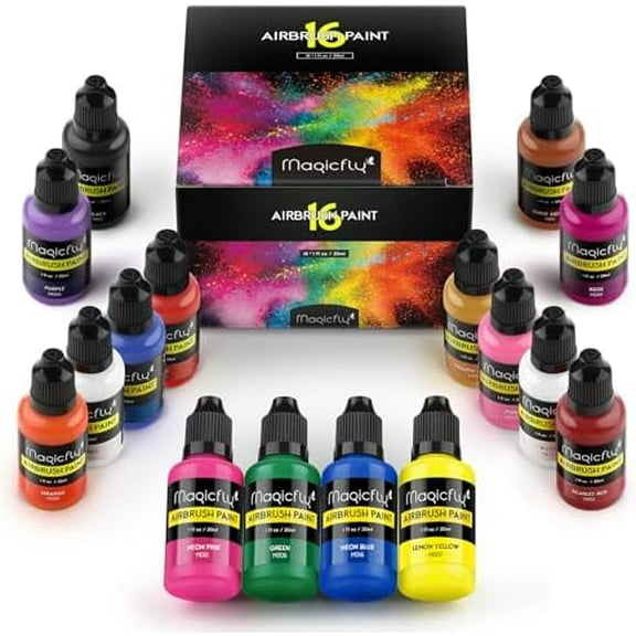 Airbrush Paint, 16 Colors  Airbrush Paint Set (30 ml/1 oz), Ready to Spray, Opaque & Neon Colors, Water-based, Premium Kit for Beginners, Hobbyist and Artists