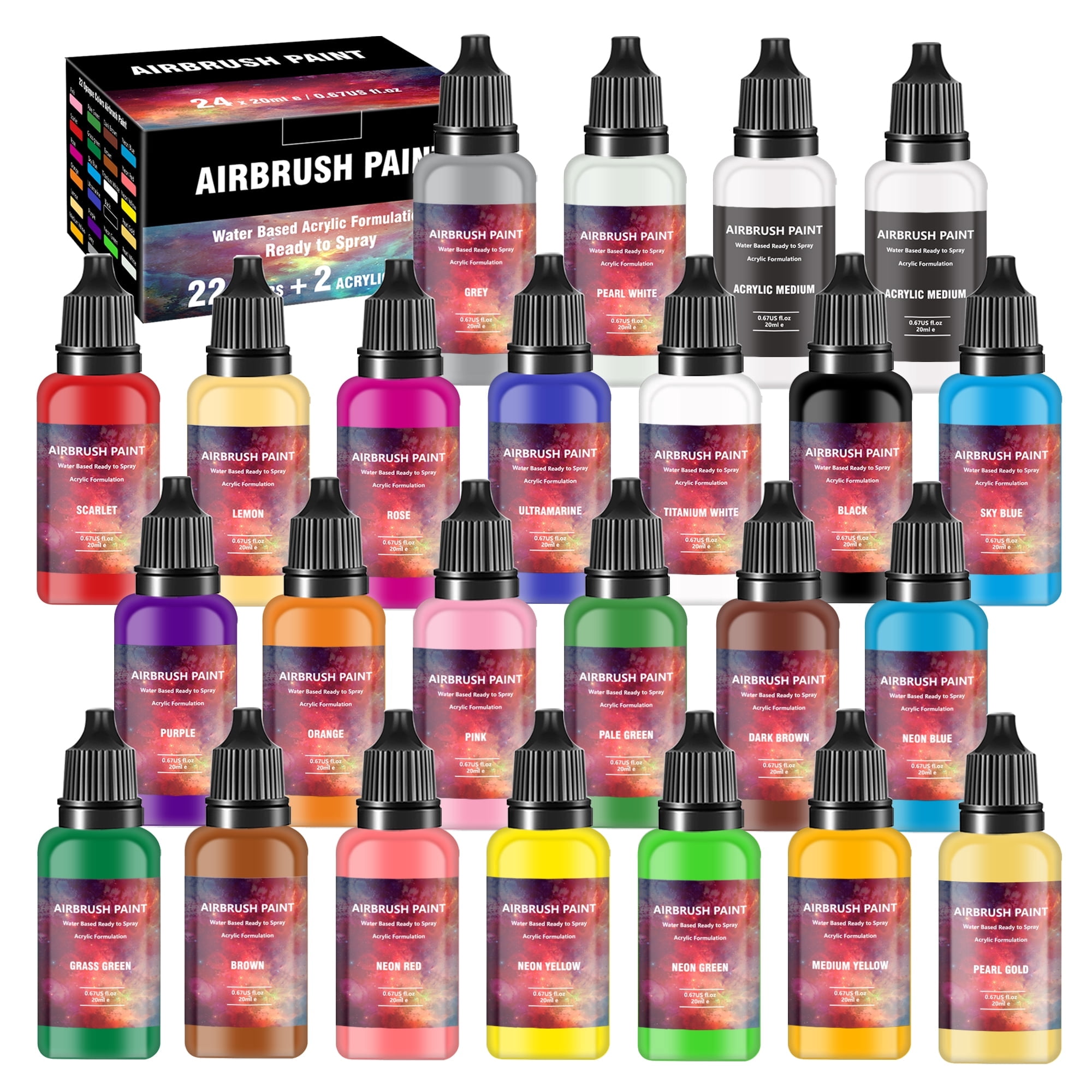 Airbrush Paint - 22 Colors Airbrush Paint Set with 2 Tinner, Plastic & Wood Acrylic Air Brush Paint Kit Ready to Spray, Water-Based for Artists Beginners Hobbyist, 0.67 Fl Oz/20ml