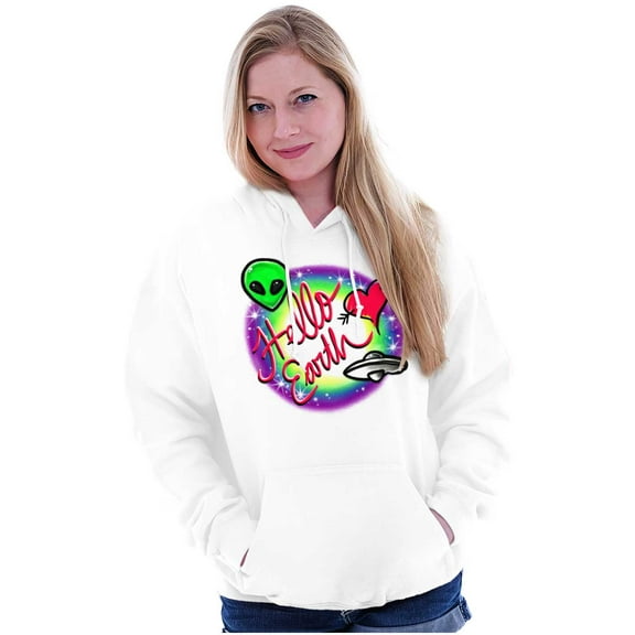 Airbrushed Alien UFO Hello Earth Hoodie Sweatshirt Women Brisco Brands M