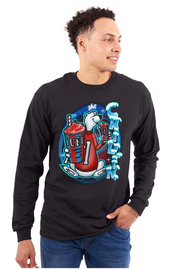 Airbrushed King Icee Bear Chillin Unisex Plus Size Long Sleeve Tee Shirt Brisco Brands 2X