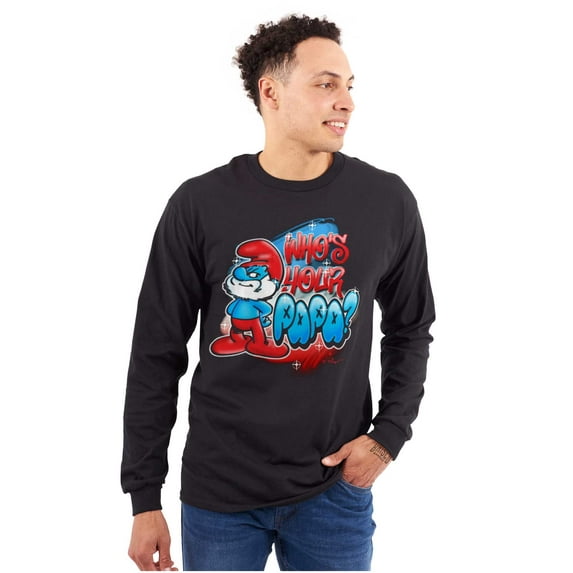 Airbrushed Smurf Who's Your Papa Men's Long Sleeve Tee T Shirt Brisco Brands S