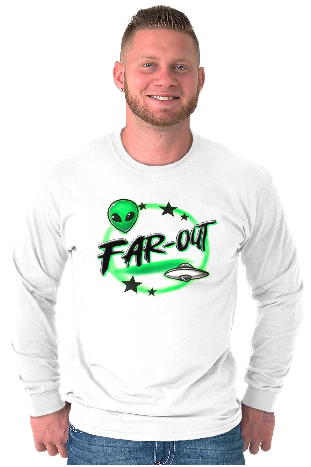 Airbrushed Space Alien UFO Far-Out Long Sleeve TShirt Men Women Brisco ...