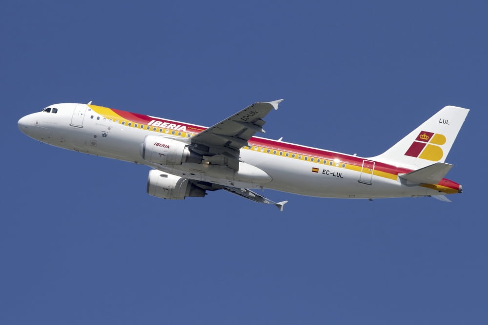 Airbus A320 of Iberia airlines Canvas Art - Luca NicolottiStocktrek Images (35 x 23)