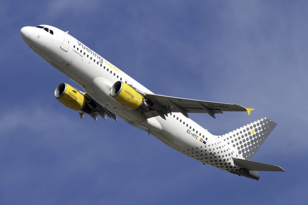 Airbus A320 of Vueling Airlines Canvas Art - Luca NicolottiStocktrek Images (35 x 23)