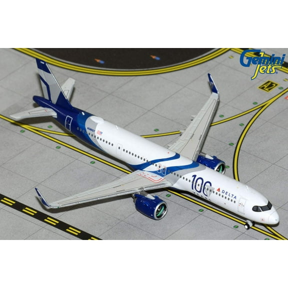 Airbus A321neo Commercial Aircraft "Delta Air Lines 100 Years" White and Blue with Stripes 1/400 Diecast Model by GeminiJets