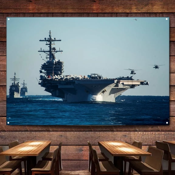 Aircraft Carrier Uss George H.W. Bush Battleship Wall Art Banners Hanging Flags Wall Chart Warship Military Art Poster Canvas Print Art Painting Room Office Home Decor Tapestry,38X57 inches