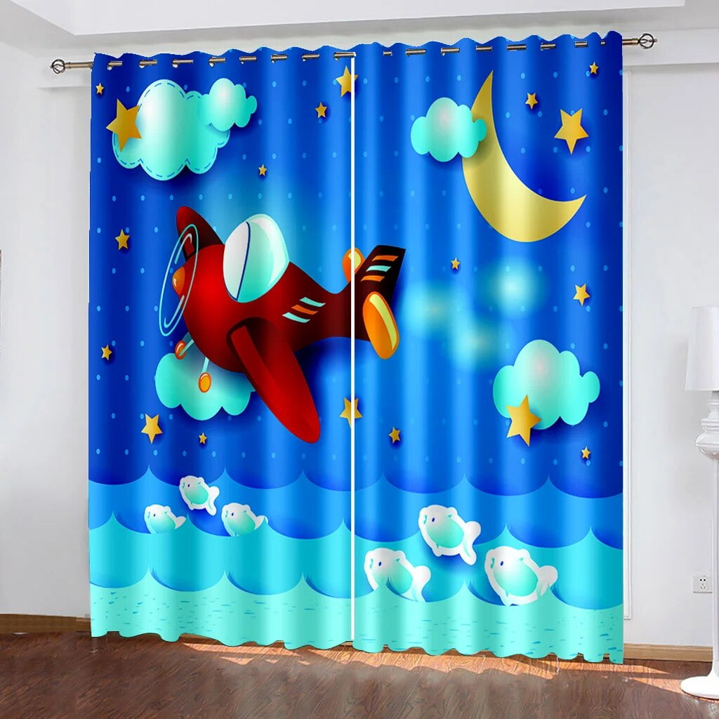 Aircraft Clouds And Stars 3d Painting Kids Room Curtains Window Living