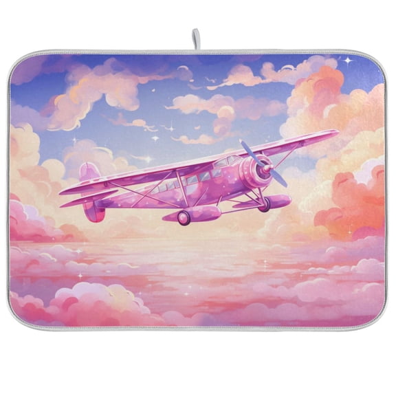 Aircraft Clouds Pink Airplane Dish Drying Mat Dish Drainer Rack Mats Water Absorbent Non-Slip Easy Clean Heat Resistant for Kitchen Counter