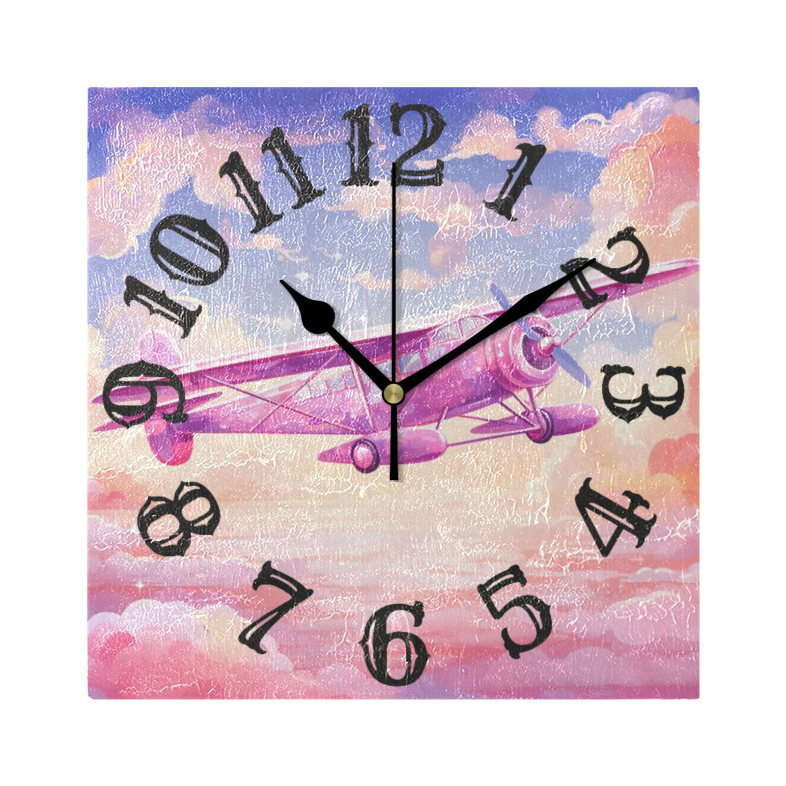 Aircraft Clouds Pink Airplane Wall Clock Square Silent Non Ticking