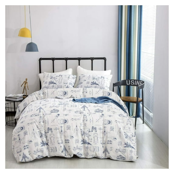 Aircraft Comforter Sets Queen Boys Kids Plane Bedding Comforters Cotton Toddler Children White and Blue Aviation Quilts Blue Military Cars Transport Blankets Vehicles Bedding