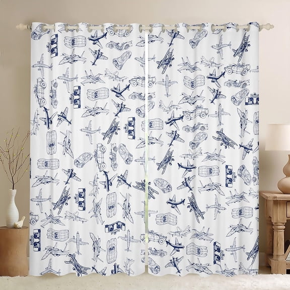 Aircraft Darkening Dreapes Kids Airplane Print Curtains for Bedroom Living Aircraft Flying Blackout Curtains Sketch Style Blue White Window Treatments (2 Panels, 52 x 63 Inch)
