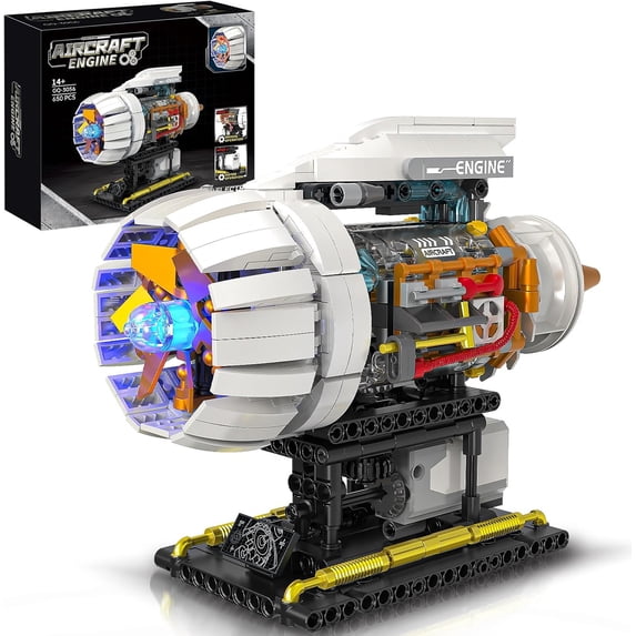 Aircraft Engine Building Kit for Adults, STEM Mini Engine Model Toy with Motor & Hand Rocker, Compatible with Lego Airplane Set
