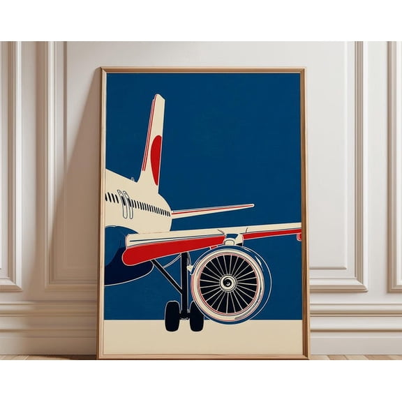 Aircraft Engine Jet Wing Landing Gear Illustration Modern Aviation Wall Art, Unframed Paper Poster 24x36in