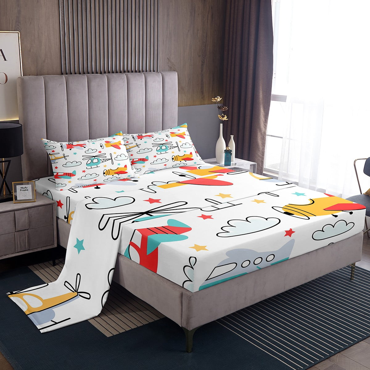 Aircraft Full Sheet Set for Boys,Cartoon Airplane Sheets Cute Stars ...