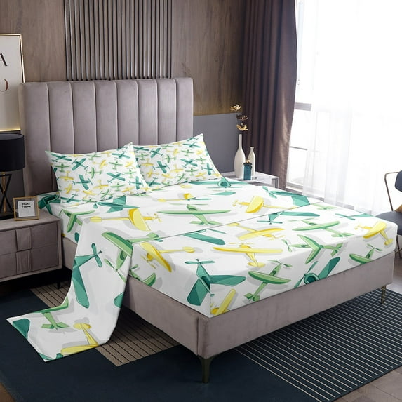 Aircraft Full Sheet Set,Cute Airplane Sheets Cartoon Plane Bed Sheets Set,Helicopter Military Transport Vehicles Aeroplane Room Decor