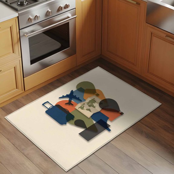 Aircraft Maps 2x3 Rug for Entryway Front Door Kitchen Sink Area, Abstract Black Hot Balloons Luggage Beige Low Pile Washable Non Slip Rectangle Area Rug