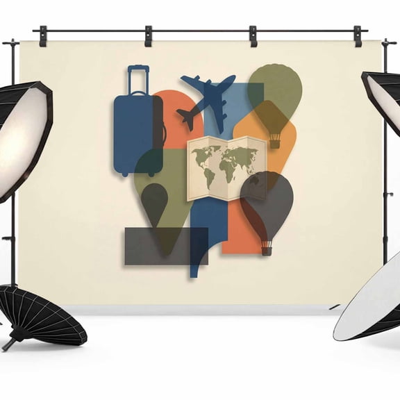 Aircraft Maps Photography Backdrop 8x6FT, Abstract Black Hot Balloons Luggage Beige Photo Backdrops, Background for Photography Studio Photo Studio Background, Back Drop for Photoshoot