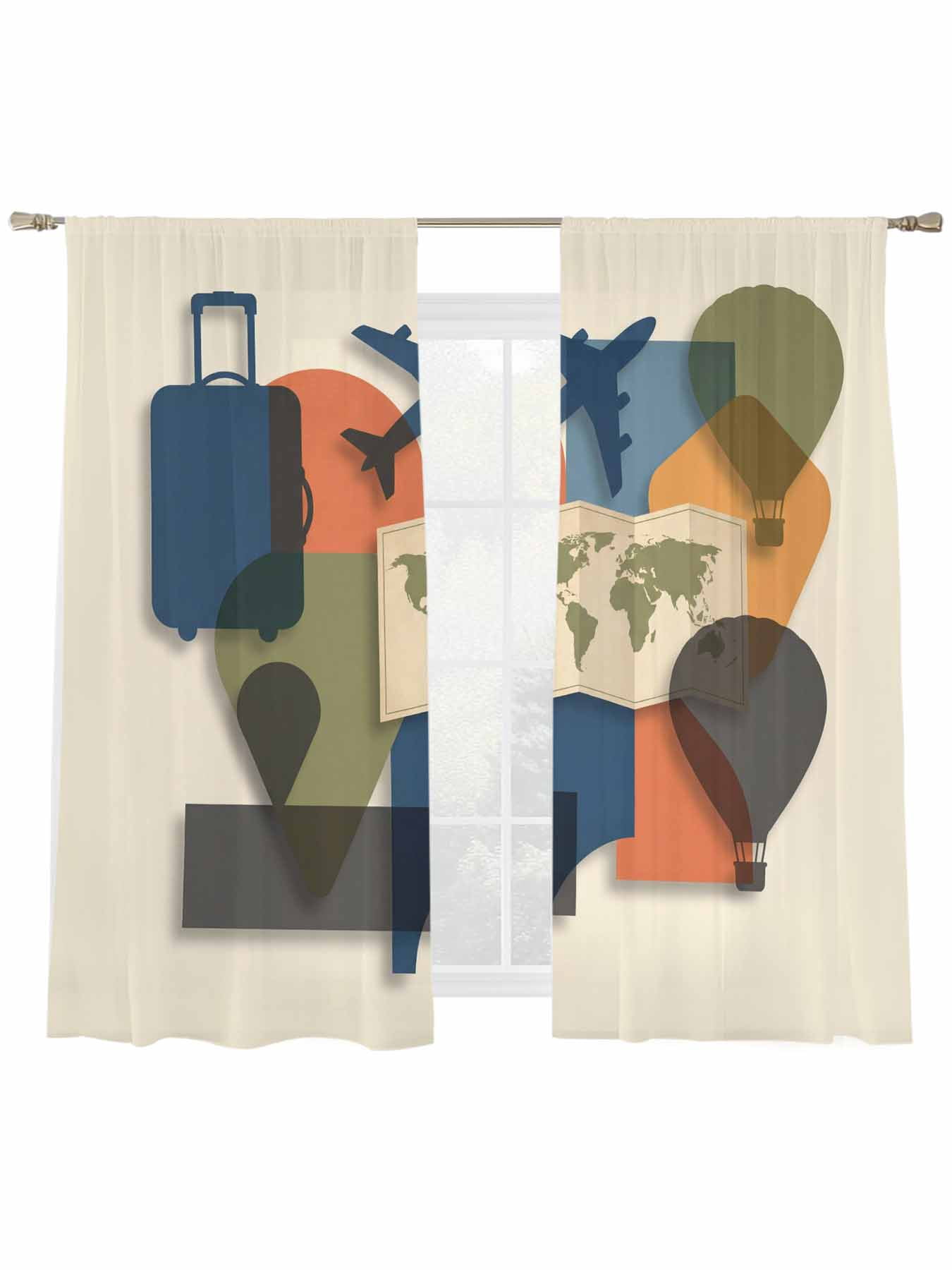 Aircraft Maps Window Sheer Curtain Abstract Black Hot Balloons Luggage ...