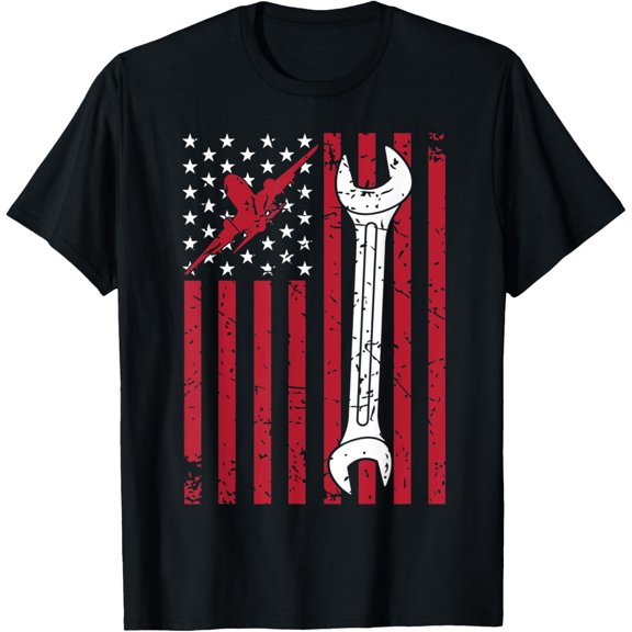 Aircraft Mechanic Aviation American Flag T-ShirtMen and women, Black T-shirt, size: Extra large