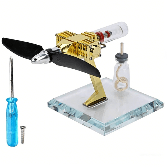 Aircraft Propeller Stirling Engine Model, Heat Powered External Combustion Mechanical Engine with Brass Frame & Aluminum Flywheel for Thermodynamics Demonstration and Desktop Display