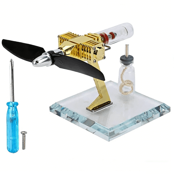 Aircraft Propeller Stirling Engine Model, Heat Powered External Combustion Mechanical Engine with Brass Frame & Aluminum Flywheel for Thermodynamics Demonstration and Desktop Display