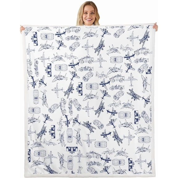 Aircraft Sherpa Fleece Blanket - Airplane Print Decor, Microfiber Sketch Style Blue White Fuzzy Plush for Bedroom, 40"x50"