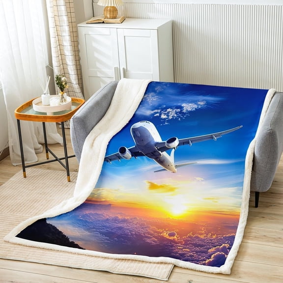 Aircraft Throw Blanket Airplane Print Fleece Blanket for Couch Bed Sofa Aircraft Flying Sherpa Blanket Breathable Sunset Scenery Fuzzy Blanket Flying Plane Travel Room Decor 40"x50"