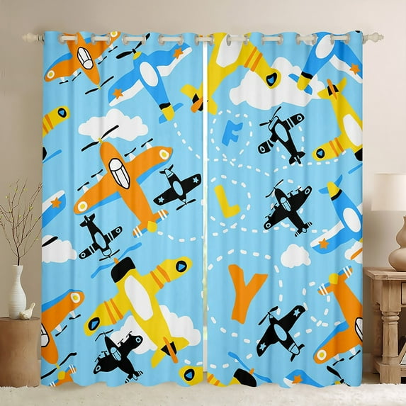Aircraft 30%-50% Blackout Curtains Cartoon Airplane Curtains,Cute Plane Hand Drawn Curtains & Drapes Helicopter Aeroplane Blue Sky Clouds Military Transport Room Decor