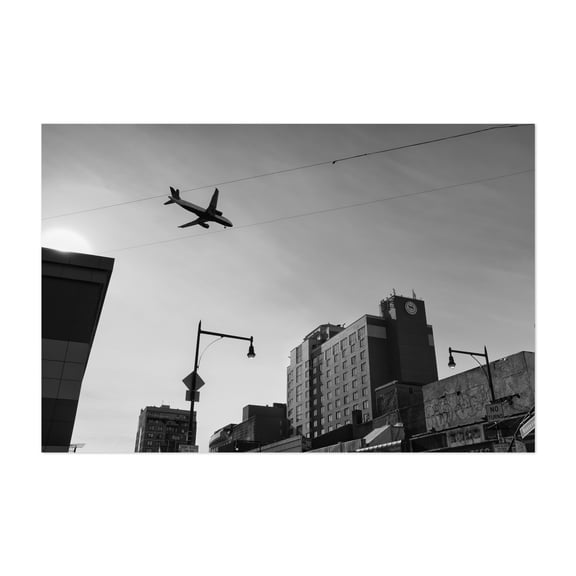 Aircraft Between the Wires - Queens New York Photography Black and White City Street Photography Architecture Cityscape Airplane Unframed Wall Art Print 20 x 28 inches