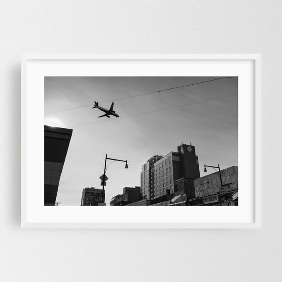 Aircraft Between the Wires - Queens New York Photography Black and White City Street Photography Architecture Cityscape Airplane White Framed Wall Art Print 5 x 7 inches