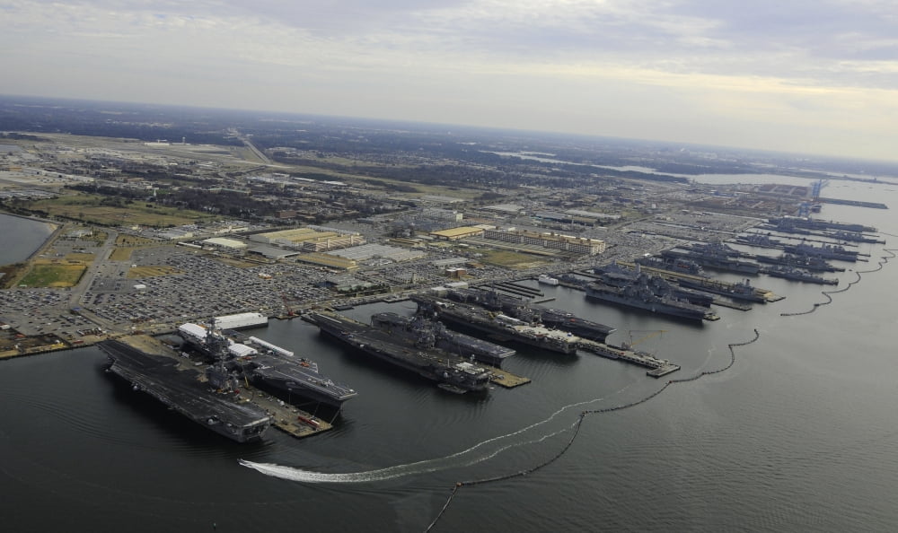 Aircraft carriers in port at Naval Station Norfolk Virginia Canvas Art - Stocktrek Images (36 x 22)