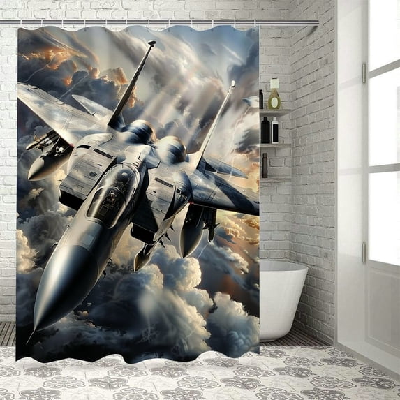 Aircraft shower curtain home, military 3D aircraft retro shower curtain, flight aircraft decoration waterproof fabric bathroom decoration, various specifications (including hooks)