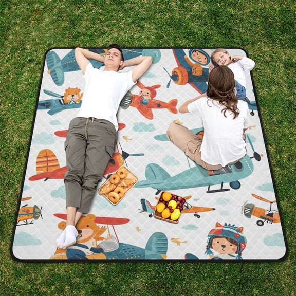 Aircrafts Children Bears Clouds Beach Blanket Outdoor Picnic Blanket 78"x 78" Waterproof Foldable for Beach Camping Travel Hiking Grass Lawn Park