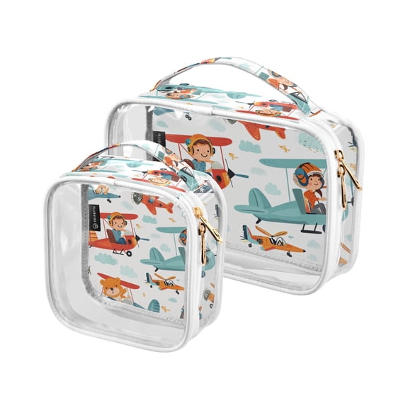 Aircrafts Children Bears Clouds Clear Cosmetic Bags with Handles PVC Toiletry Bags Zipper Waterproof Portable for Traveling 2 Pcs