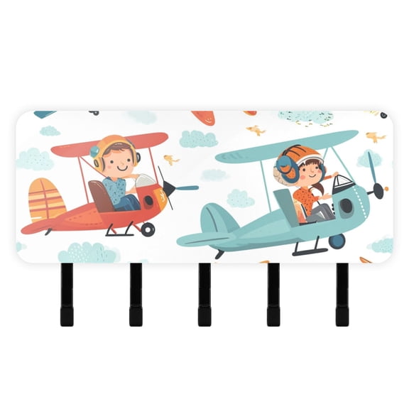 Aircrafts Children Bears Clouds Mail Holder Organizer Wall Mount with Shelf Key Holder Key Rack with 5 Key Hooks for Wall Decorative