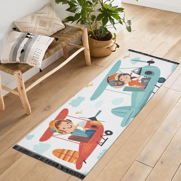 Aircrafts Children Bears Clouds Runner Rug Machine Washable Area Rugs Carpet Non Slip Entryway Mat for Bedroom Entryway Front Door