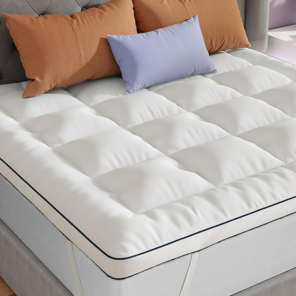 Airdown Full Size Mattress Topper, Extra Thick Pillow Top Pad with Down Alternative Filling, Washable with Elastic Straps for Back Pain Relief