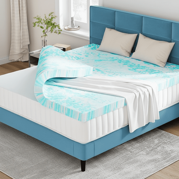 Airdown Queen Size 3 Inch Memory Foam Mattress Topper - Gel Infused Ventilated Bed Topper, Blue