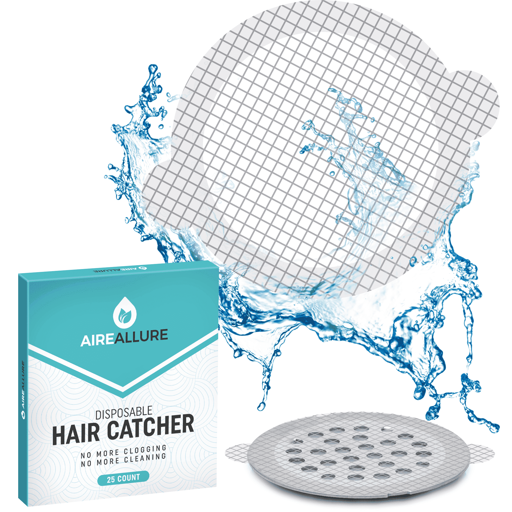 Aire Allure Disposable Shower Drain Hair Catcher Mesh Stickers, 25 Pack