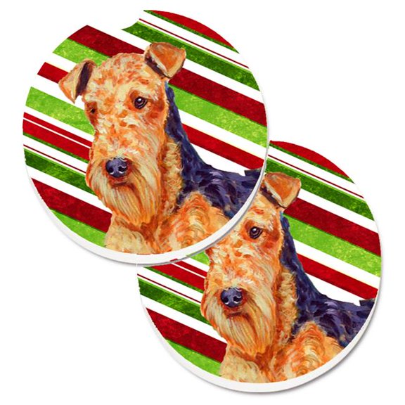 Airedale Candy Cane Holiday Christmas Set of 2 Cup Holder Car Coaster