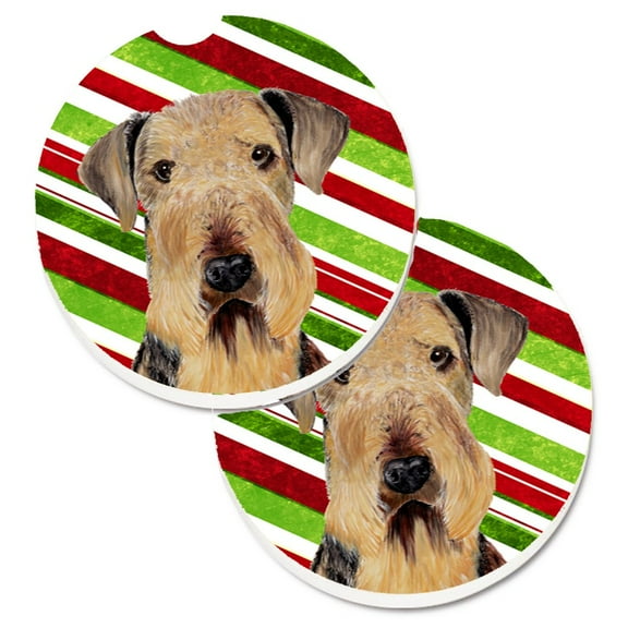 Airedale Candy Cane Holiday Christmas Set of 2 Cup Holder Car Coasters