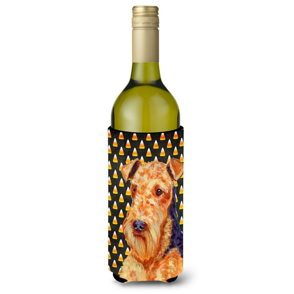 Airedale Candy Corn Halloween Portrait Wine Bottle Hugger