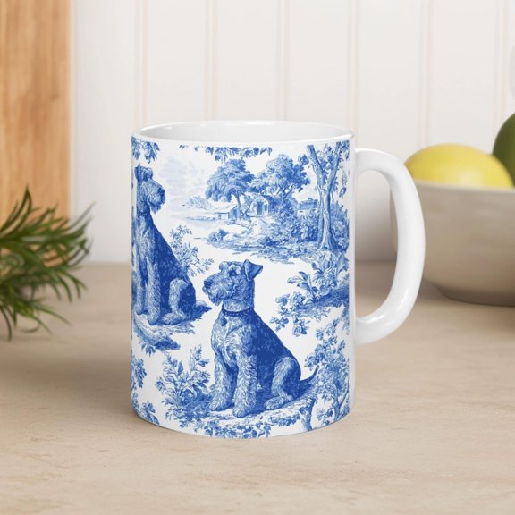Airedale Dog Toile Mug, Blue French Toile Coffee Cup Gift for Airedale Terrier Mom, Dog Chinoiserie Drinkware Dog Lovers Toile de Jouy Cup